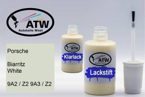 Porsche, Biarritz White, 9A2 / Z2 9A3 / Z2: 20ml Lackstift + 20ml Klarlack - Set, von ATW Autoteile West.